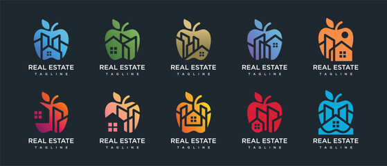 Apple fruit logo design with real estate building collection. Apple fruit logo building template. Apple real estate logo symbol icon