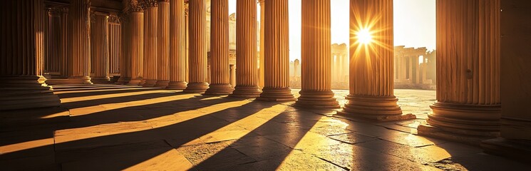 Majestic Greek-style columns casting shadows at sunset, highlighting historic proportions and ornate carvings of classical design