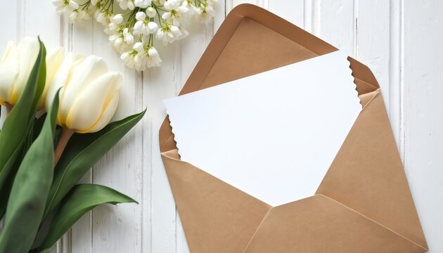 Top view of white tulips bouquet near open envelope with blank paper on white wooden background. Romantic composition, springtime greeting card. Letter with flowers on table.
