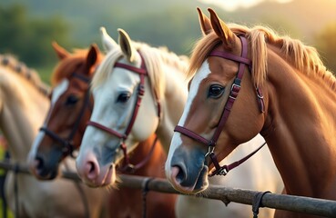 Obraz premium Close-up shot of three horses in the open air. Equestrian theme in soft sunlight. Horse heads with bridles stand near the wooden fence. Animals, sport, training, race, competition, summer banner