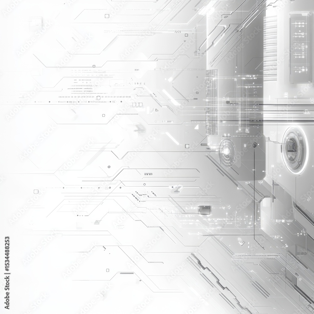 Poster abstract depiction of digital technology with circuit patterns and futuristic elements in a monochro