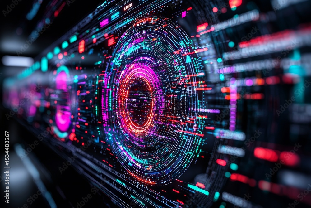 Poster colorful digital data visualization displays complex networks and connections in a futuristic enviro
