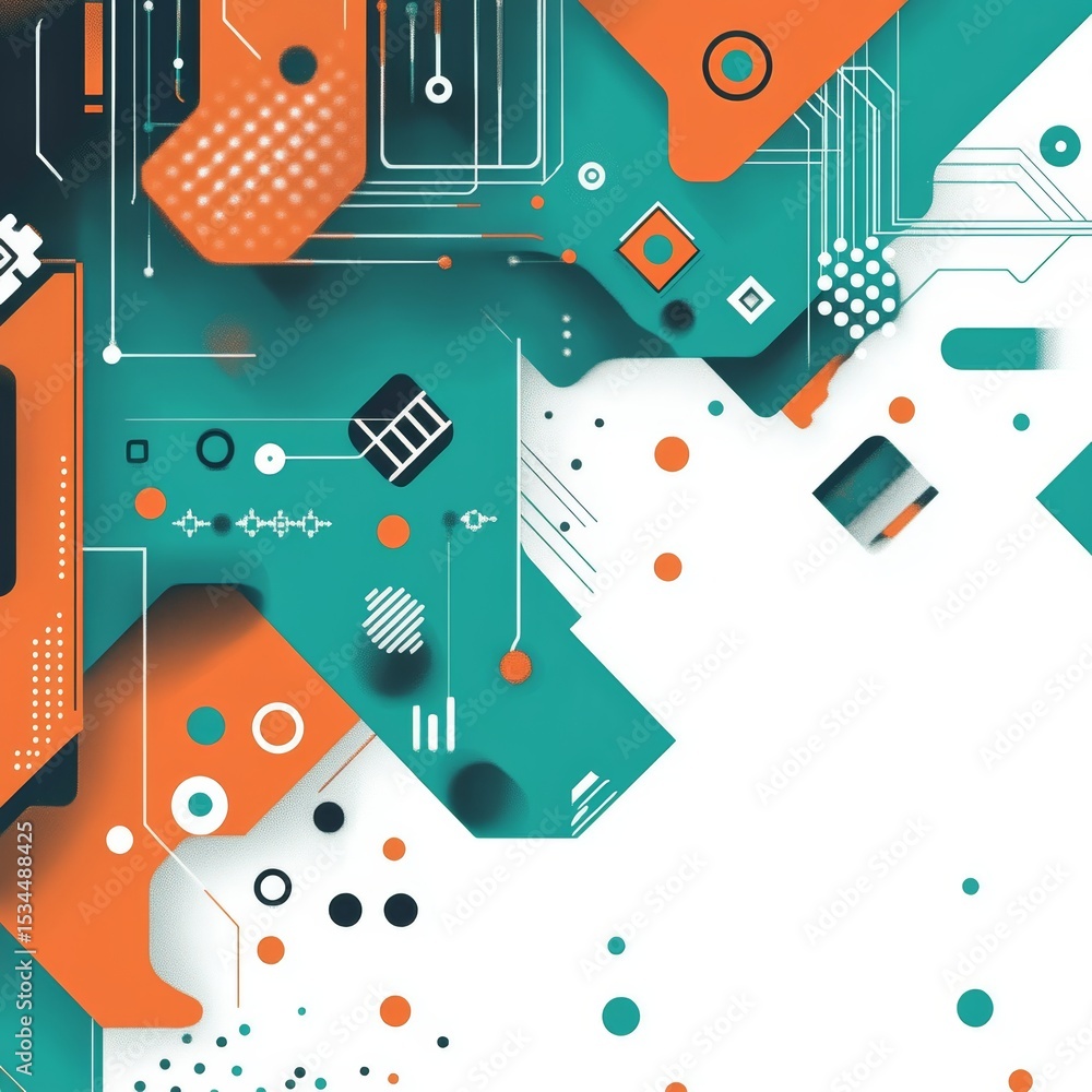 Poster abstract design featuring geometric shapes and circuit patterns in vibrant colors on a white backgro