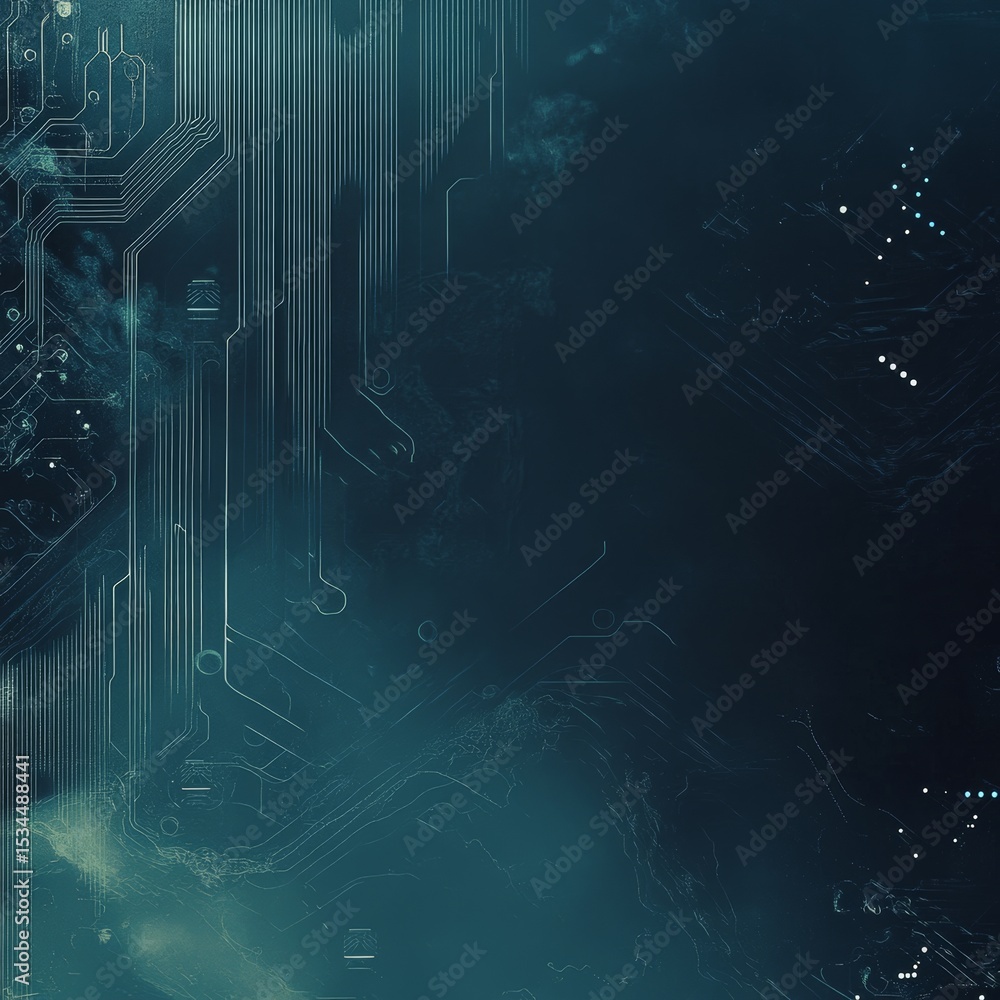 Poster digital abstract design featuring dark tones and circuit patterns merging with textured background, 