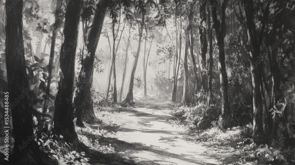 Poster serene forest pathway illuminated by soft light with tall trees framing a tranquil nature scene