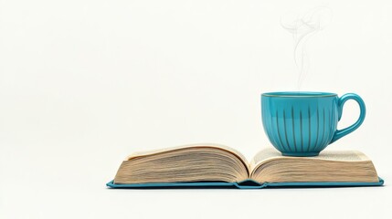 A steaming cup of tea on an open book, evoking cozy moments of reading and relaxation.
