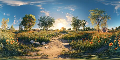 Obraz premium Vibrant Sunset Over a Blooming Meadow Surrounded by Trees, Showcasing the Beauty of Nature in a Serene Landscape at Dusk