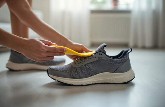 Woman inserts orthopedic insole sneaker shoe indoors. Foot care, podiatry. Person puts yellow arch support into grey sport shoe. Healthy foot, comfortable footwear for injury treatment, arch support.