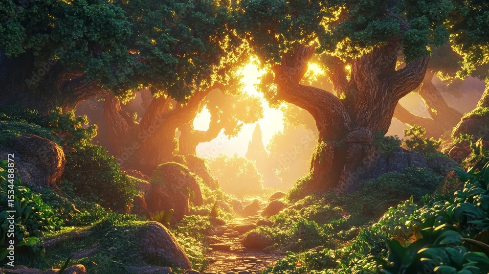 Aufkleber sunlight filters through ancient trees illuminating a forest pathway at dawn surrounded by lush gree