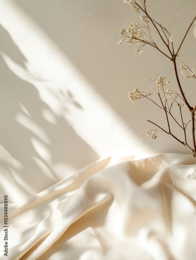 Poster soft light casts gentle shadows on silk fabric and dried flowers, creating a serene atmosphere in a 