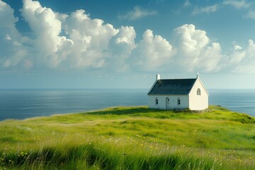 A serene white cottage sits atop a green hill overlooking the ocean, framed by fluffy clouds in a bright blue sky.