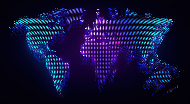 Blue and purple glowing neon world map on a dark background. Concept of travel, international logistics. Worldwide network connection, digital art illustration. 
