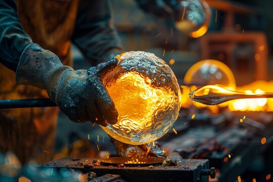 A skilled artisan carefully shapes molten glass into a mesmerizing orb, showcasing the elegance of glassblowing.