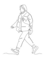 Woman in warm winter jacket holding phone walking. Side view. Continuous line drawing. Black and white vector illustration in line art style.