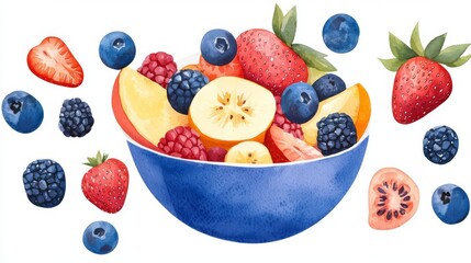 A vibrant bowl of mixed fruits including strawberries, blueberries, raspberries, and slices of tropical fruit.
