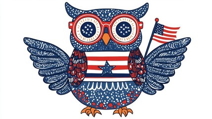 A whimsical owl adorned with stars and stripes, celebrating patriotism with glasses and a small flag.