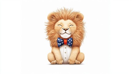 A cheerful cartoon lion wearing a bow tie, embodying joy and charm in a whimsical design.