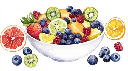 Vibrant bowl of mixed fruits, showcasing strawberries, blueberries, citrus, and kiwi, perfect for healthy meals.
