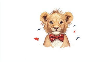 A charming illustration of a young lion wearing a polka-dot bow tie, exuding playful charisma and cuteness.