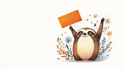 A cheerful sloth holds a blank sign surrounded by colorful decorations, perfect for playful designs or messages.