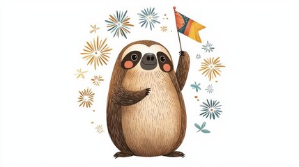 A cheerful sloth waving a flag surrounded by colorful stars, perfect for whimsical and fun designs.