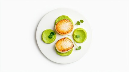 A gourmet dish featuring beautifully plated scallops on a creamy green puree, perfect for culinary presentations.