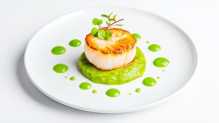 Gourmet scallop served on a bed of vibrant green puree, garnished with microgreens and edible droplets.