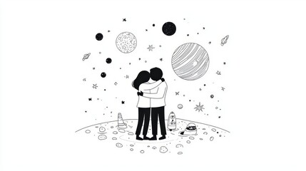 Illustration of a couple embracing amidst a whimsical cosmic background, symbolizing love and connection in the universe.