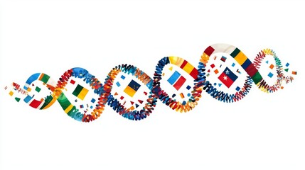Colorful DNA helix made of flags symbolizing diversity and unity among nations.