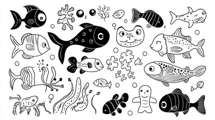 A whimsical illustration of various fish and aquatic life in black and white, perfect for creative projects.