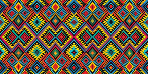 Vibrant geometric pattern with colorful diamond shapes and intricate designs.