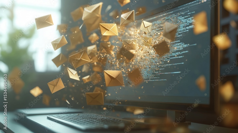 Poster digital transformation with exploding envelopes illustrates the power of virtual communication and t