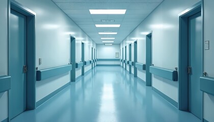 Hospital corridor with teal doors, teal handrails, blue linoleum floor, white walls. Healthcare clinic interior. Modern medical facility with empty space. Represents health, science.