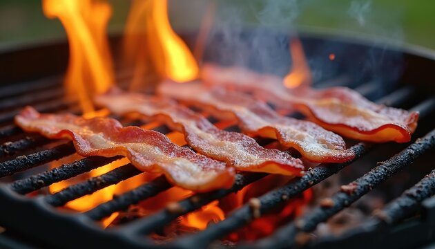 Close-up of bacon strips grilling on a metal grate. Flames and smoke enhance the cooking process. Fried pork meat bacon slices on bbq, food preparation. Crispy, delicious breakfast or dinner.