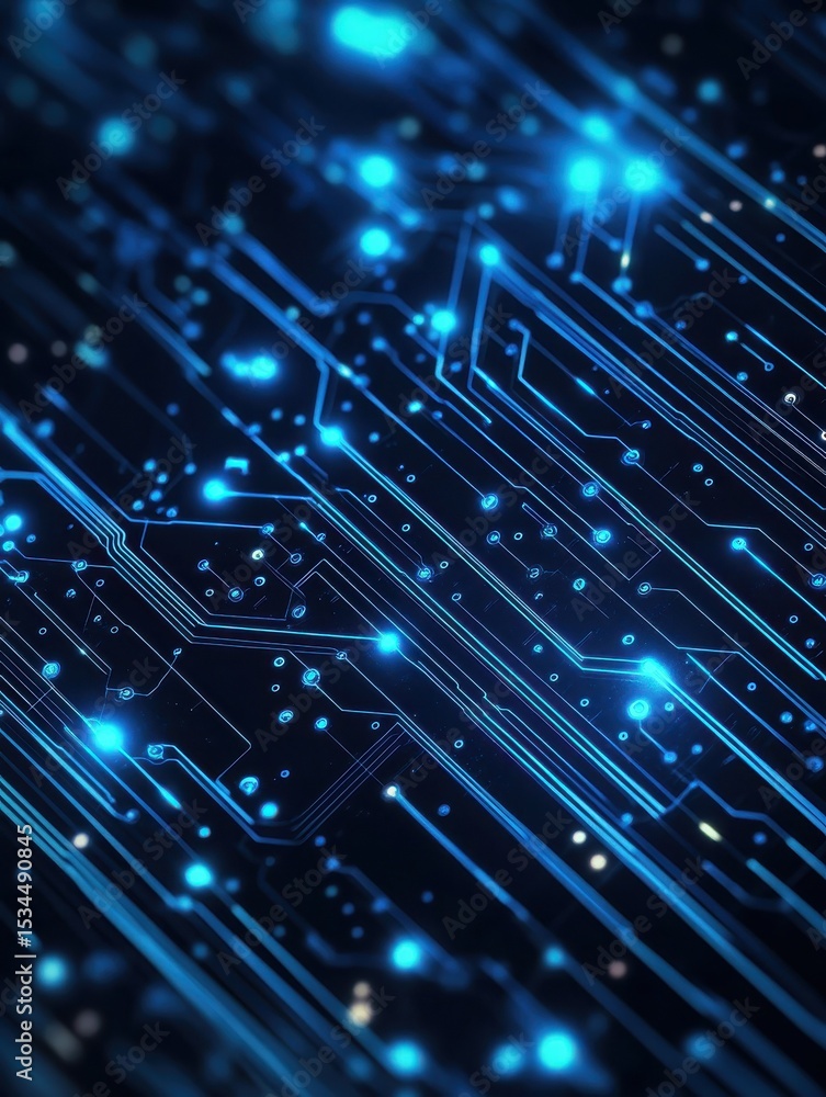 Aufkleber futuristic circuit board wires in light blue on dark navy technology background. artificial intellig