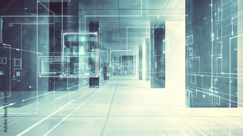 Poster digital architecture creates a futuristic interior space with illuminated lines in a modern building