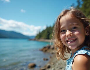 Smiling girl poses on sunny beach. Happy child enjoys summer vacation at sea shore. Family holiday trip in Canada, British Columbia, Vancouver Island. Smiling child, blue sky, water.