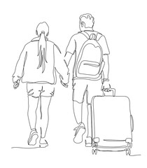 Couple tourists with suitcase and backpack walking away. Continuous line drawing. Editable stroke. Black and white vector illustration in line art style.