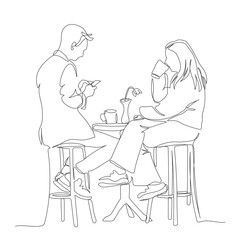 Couple with drinks at street cafe table. Man using phone for online menu. Side view. Continuous line drawing. Black and white vector in line art style.