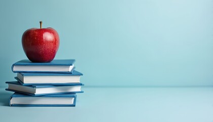 Red apple rests atop stack blue books on pastel blue background. Education concept fruit, knowledge. Healthy eating lifestyle, school, college. Simple, minimalist, fresh food diet, nature, knowledge,