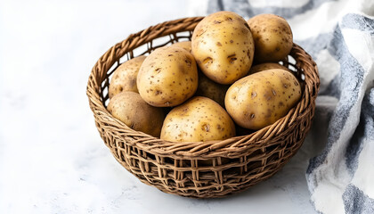 Wicker bowl with raw potatoes on white table