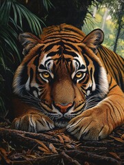 Fototapeta premium Malayan tiger laying in the forest, showcasing its beautiful orange fur and black stripes, endangered, wildlife