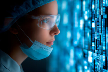 Scientist in protective gear analyzing DNA sequences on a digital screen in a high-tech laboratory environment