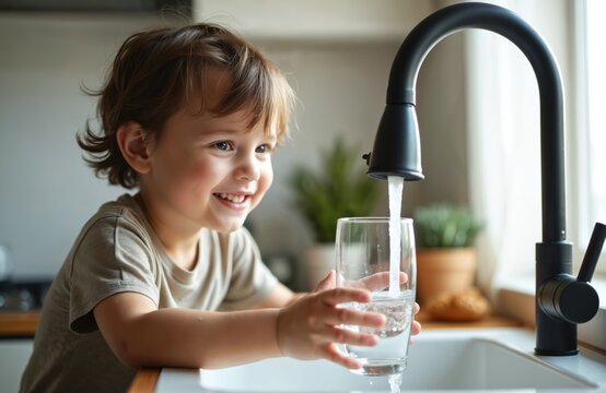 Smiling child draws water from kitchen faucet into glass. Kid enjoys clean water in home. Concept availability, safety of clean water, childhood hydration.