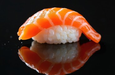 Appetizing salmon nigiri sushi piece. Perfectly balanced rice and fresh fish against black background. Culinary art, traditional Japanese cuisine meal. Beautiful presentation.