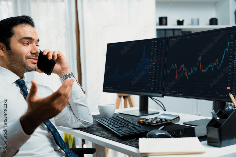 Poster trader businessman calling to consultant or partner with two stock exchange investment, compare data