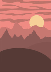 Vector drawing of landscape with mountains and sunset