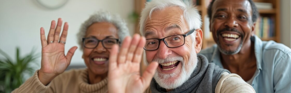 Multiethnic senior friends wave hands at cellphone screen during video call. Happy diverse group of elderly people smile, greeting online, having fun at home. Tech, communication, social connections.