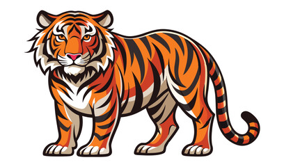 Obraz premium Cartoon Tiger Standing Isolated on White Background with Orange and Black Stripes