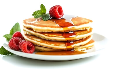Plate of tasty pancakes with maple syrup on white background